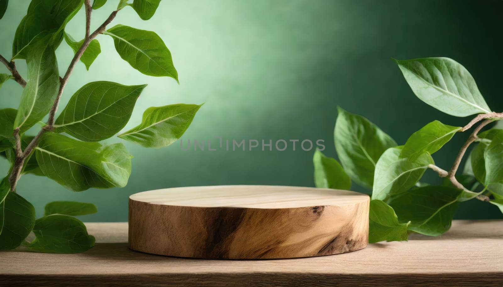 wood podium with green leaves for organic health products placement display mokcup template. 