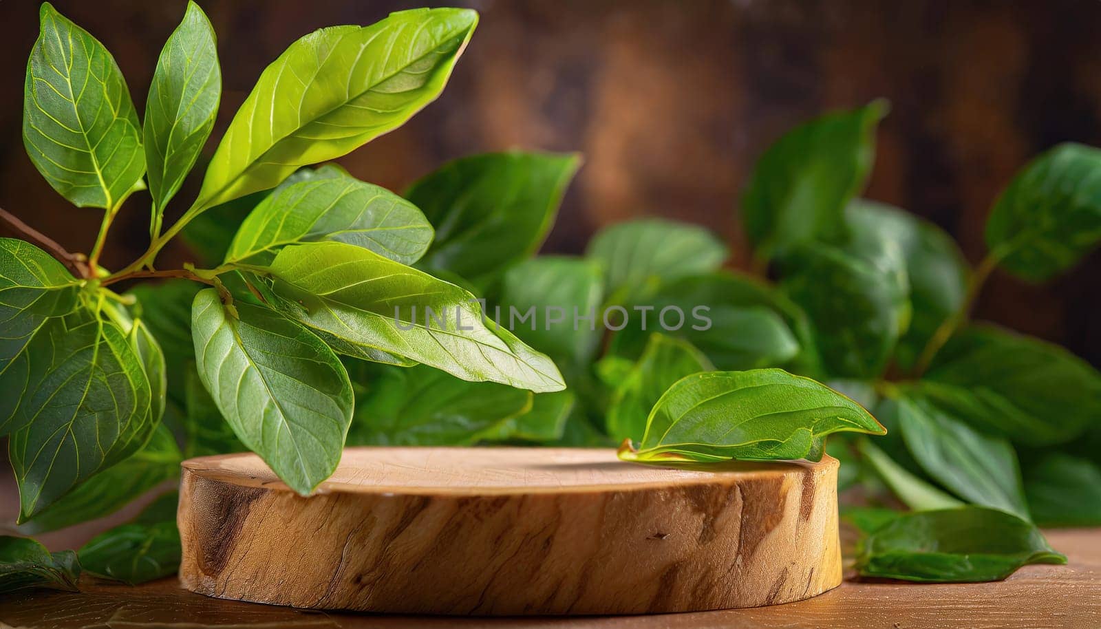 wood podium with green leaves for organic health products placement display mokcup template. 