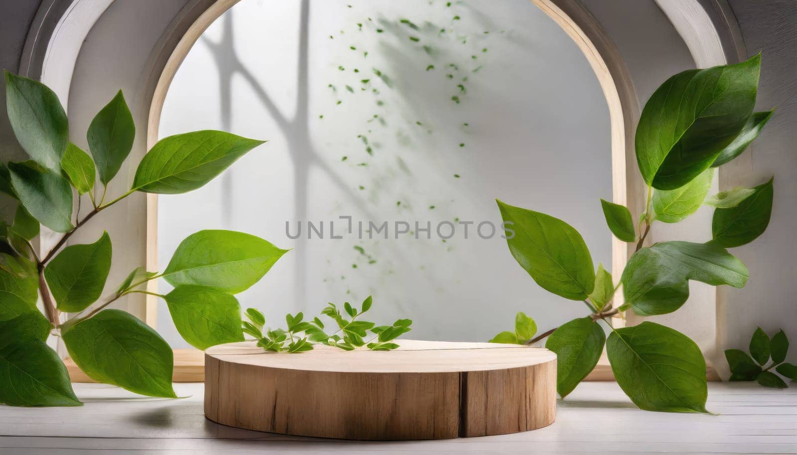 wood podium with green leaves for organic health products placement display mokcup template. 