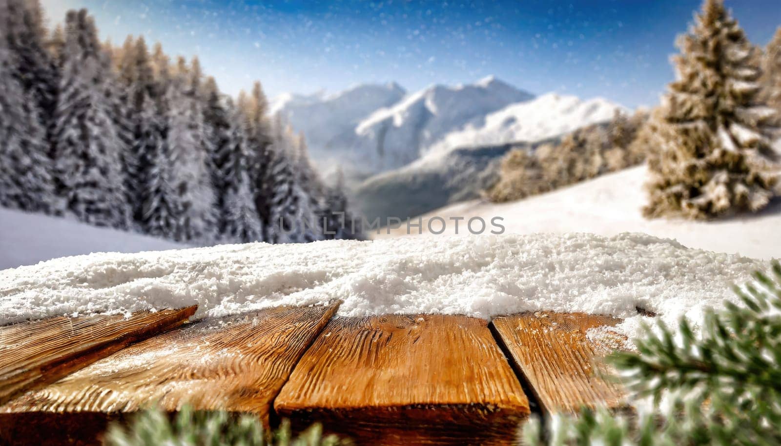 Wooden desk cover of snow and frost with christmas tree branch decoration.