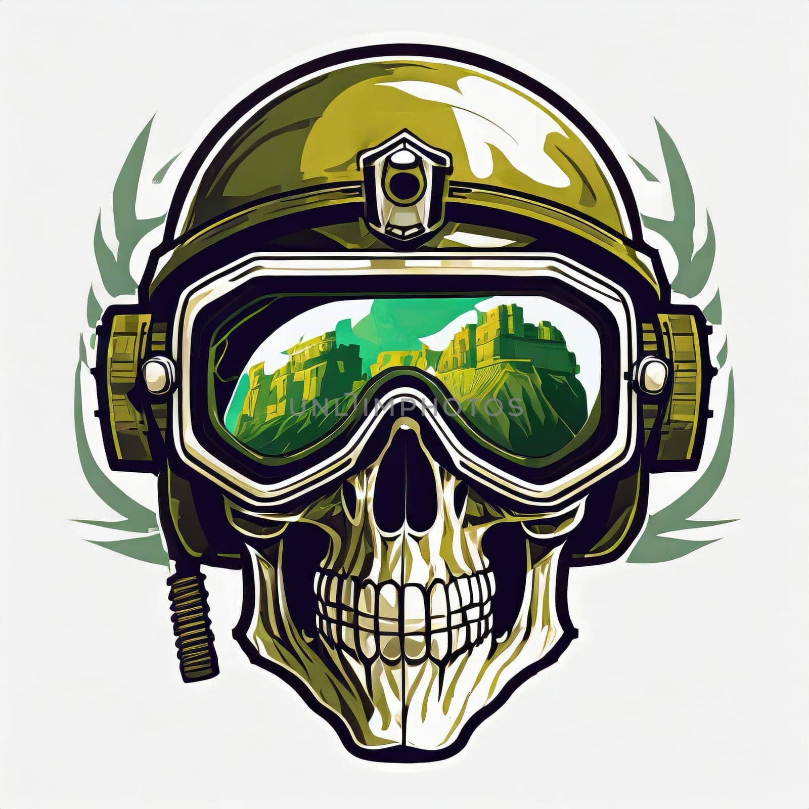 military logo skull night vision goggle, sticker for shirt or product design, on white white background 