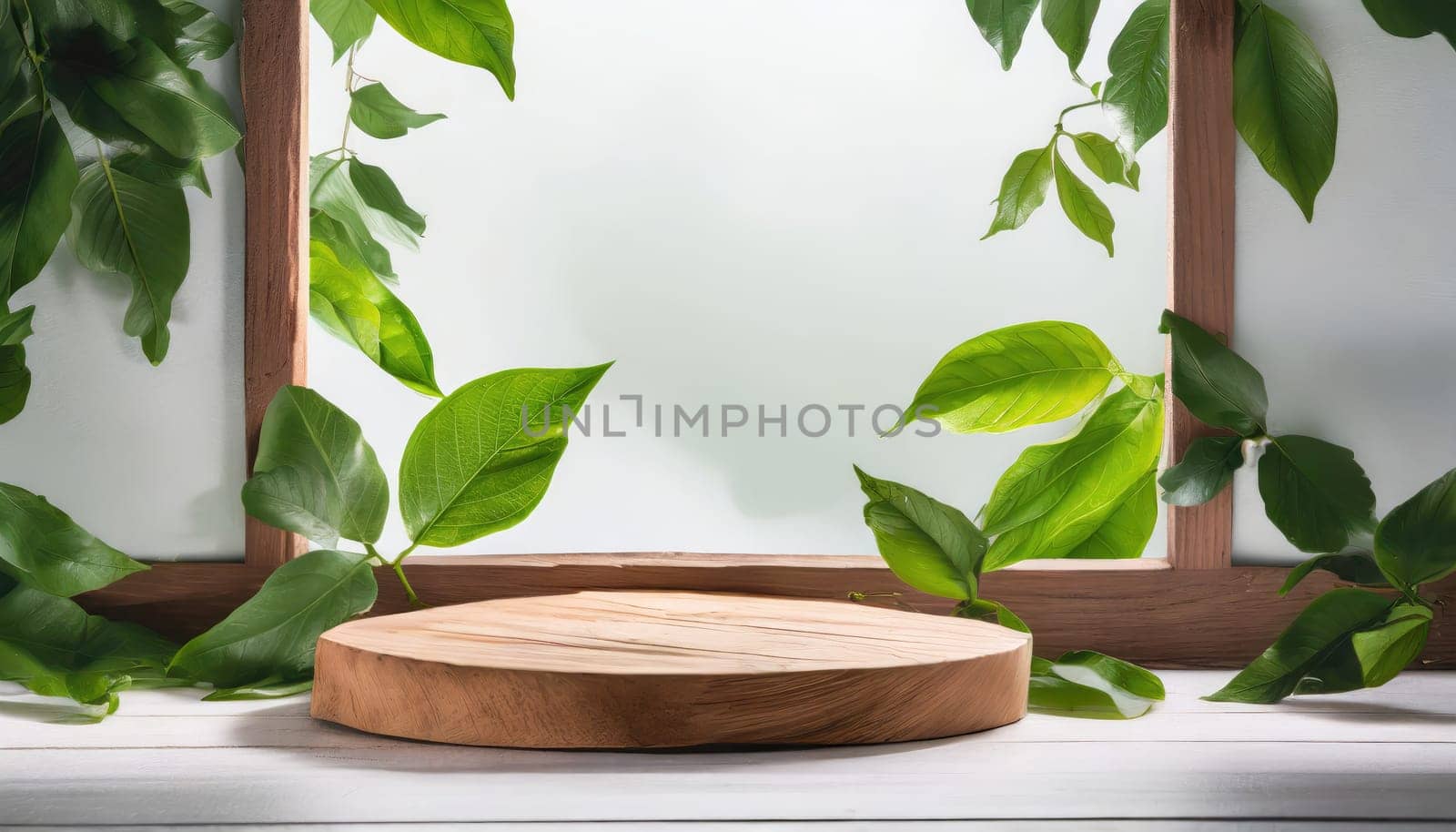 wood podium with green leaves for organic health products placement display mokcup template. 