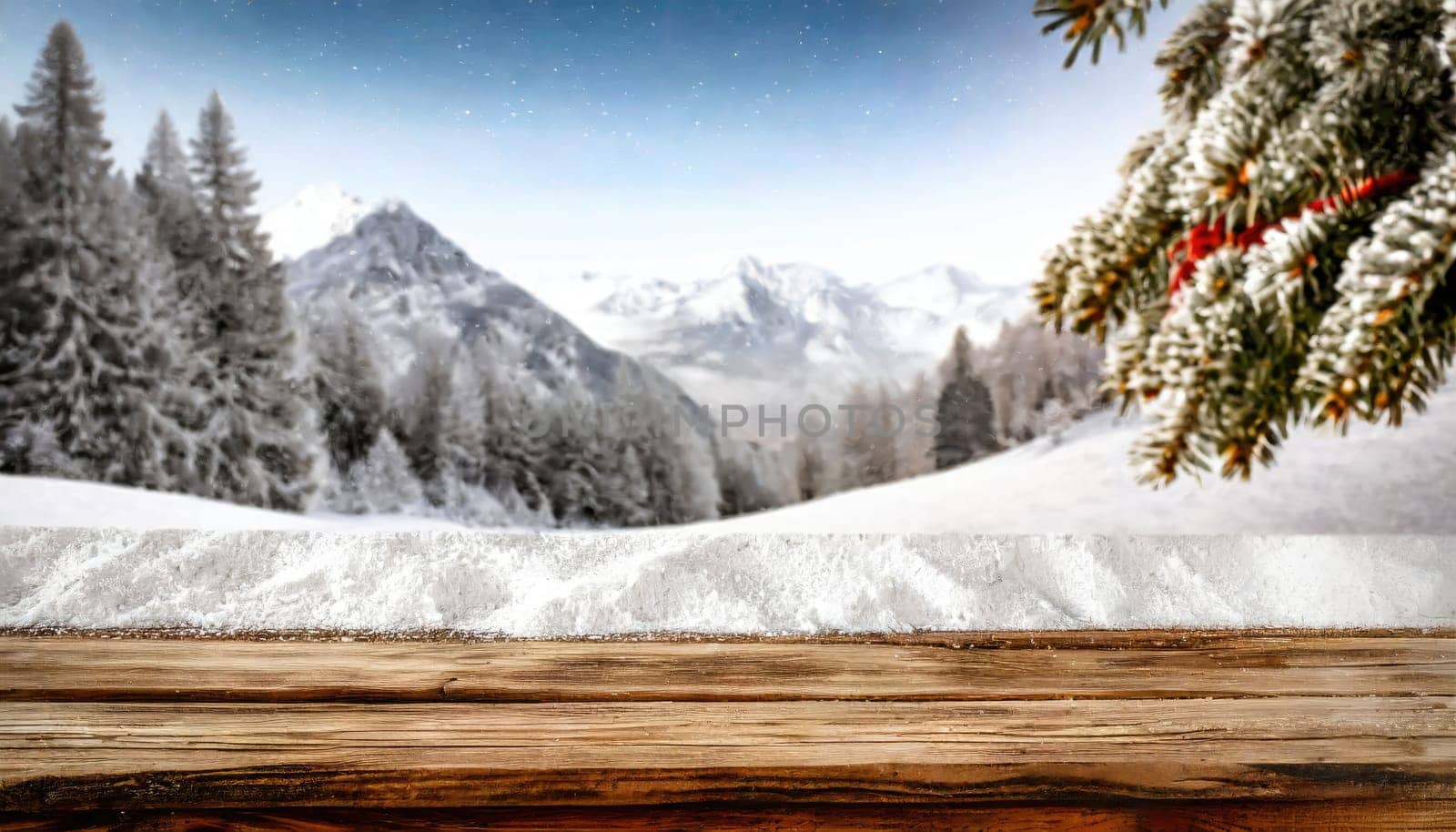 Wooden desk cover of snow and frost with christmas tree branch decoration.