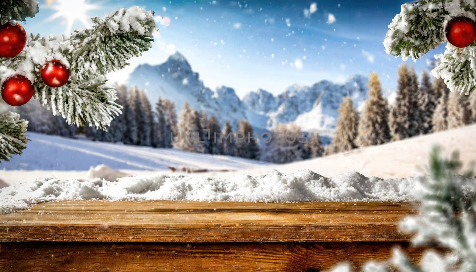 Wooden desk cover of snow and frost with christmas tree branch decoration.