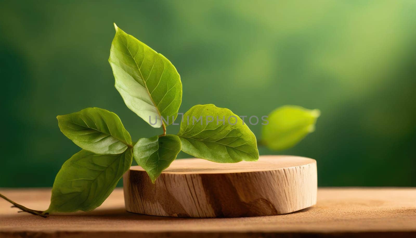 wood podium with green leaves for organic health products placement display mokcup template. 