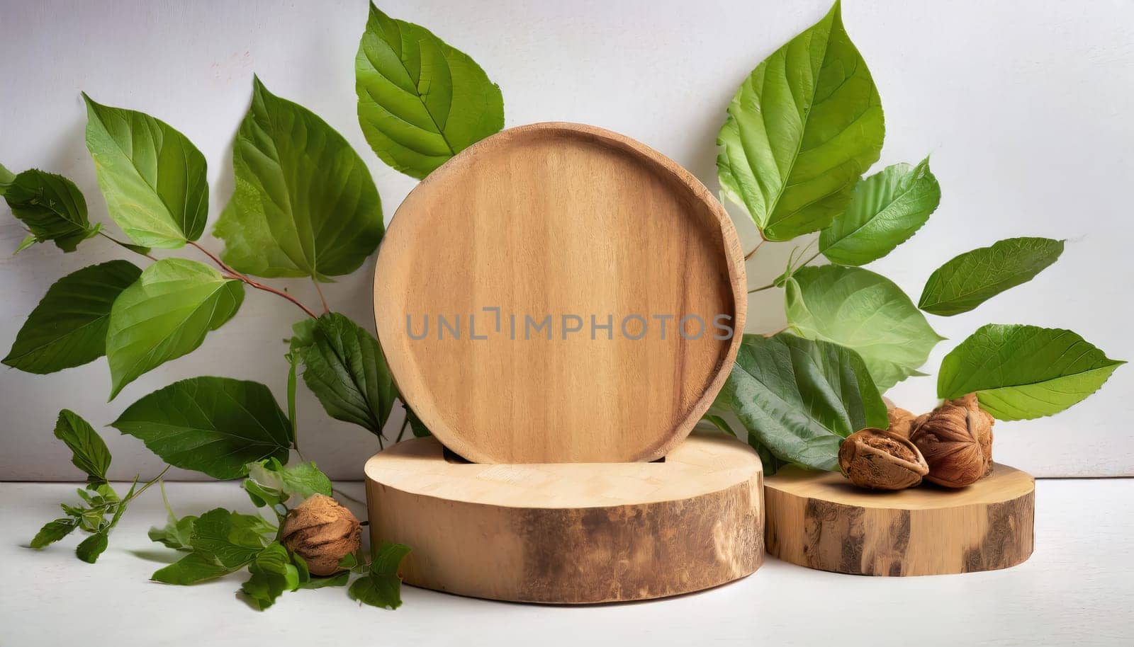 wood podium with green leaves for organic health products placement display mokcup template. 