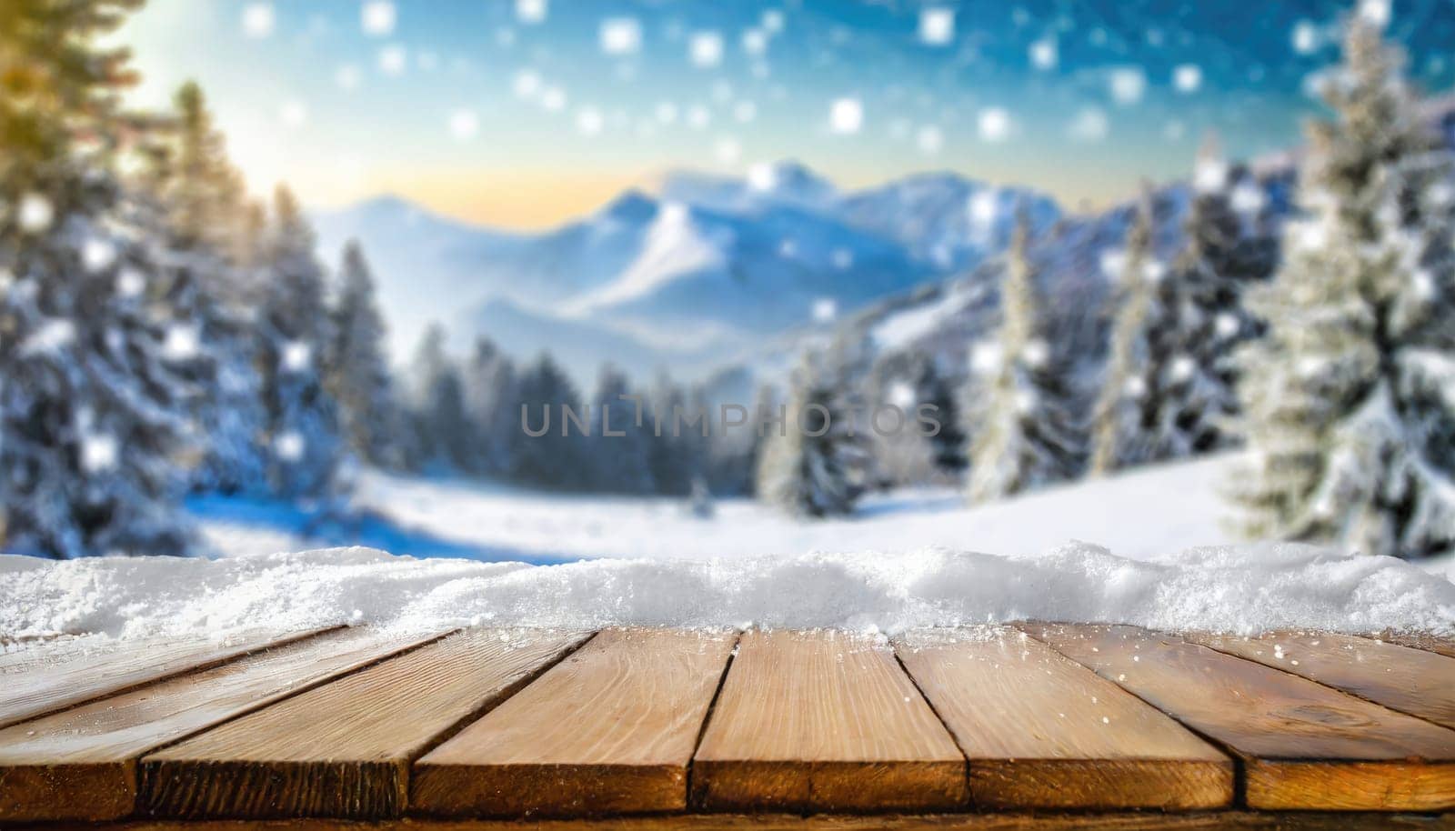 Wooden desk cover of snow and frost with christmas tree branch decoration.