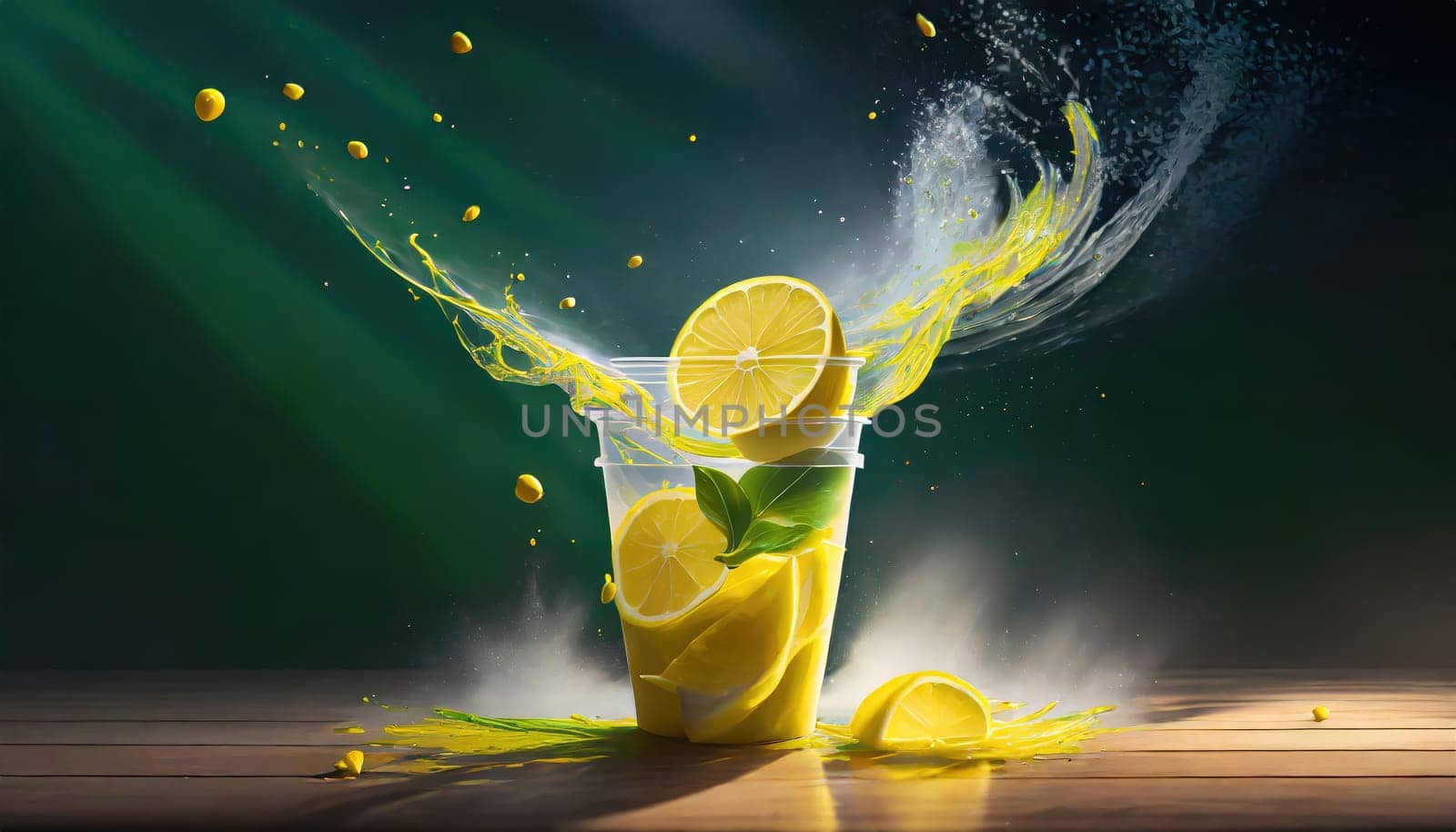 smoothly lemon in plastic cup, Cold steam on the glass, show for advertise media, lemon splash.