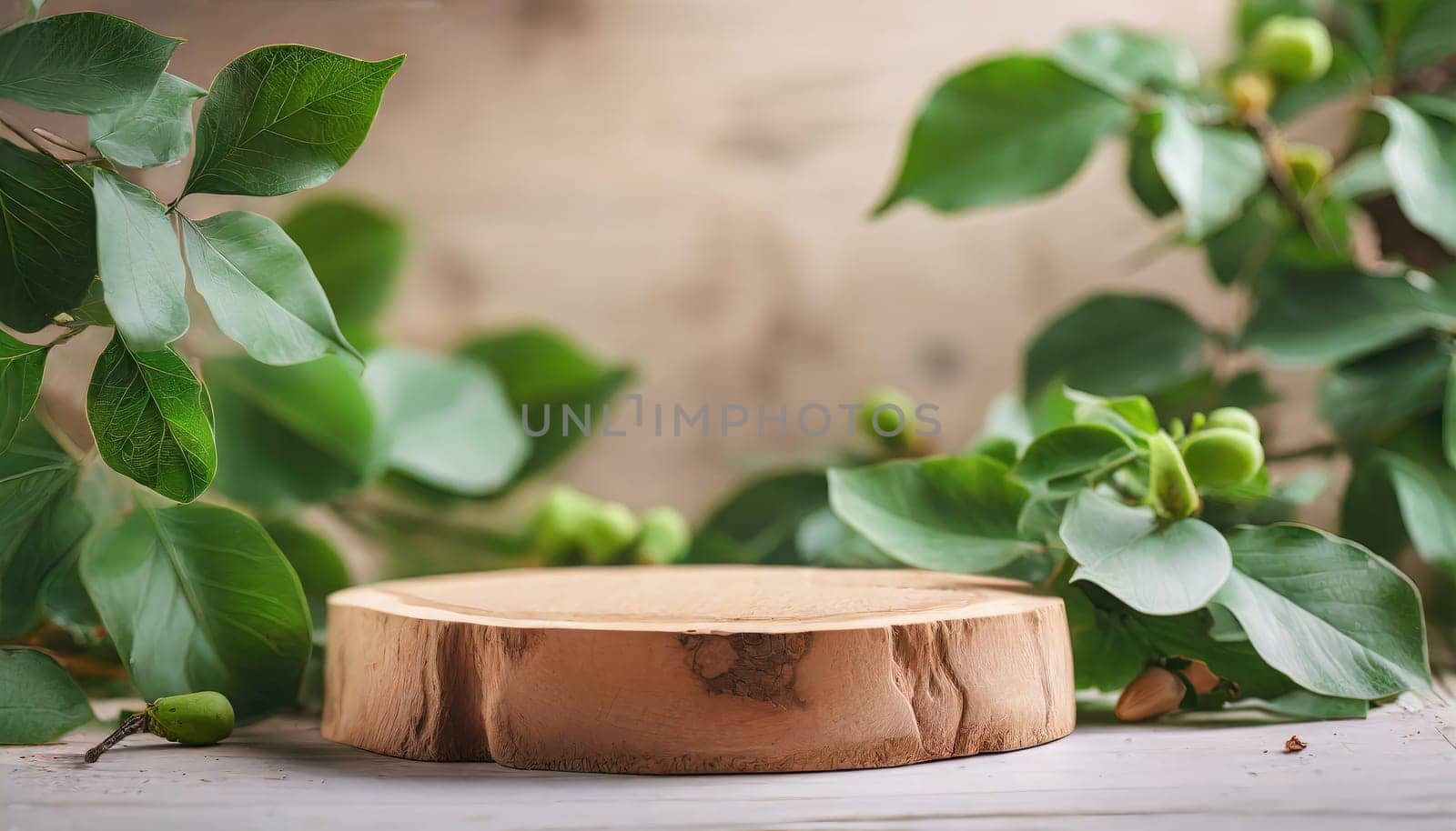 wood podium with green leaves for organic health products placement display mokcup template. 