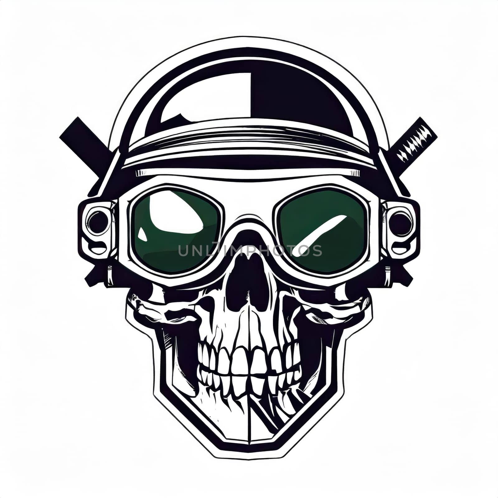 military logo skull night vision goggle, sticker for shirt or product design, on white white background 