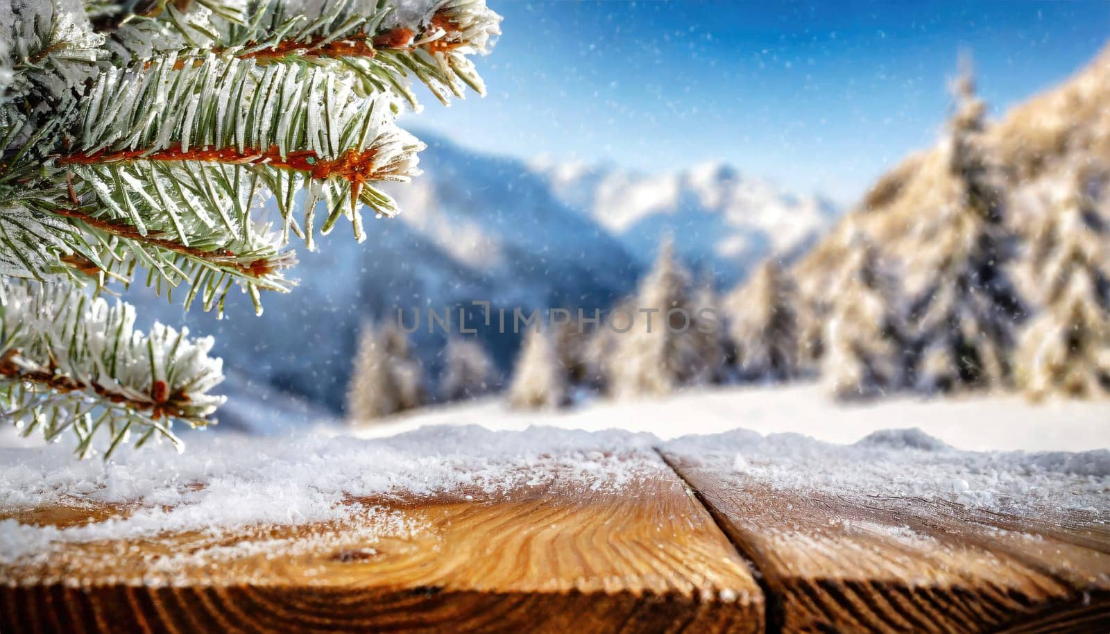 Wooden desk cover of snow and frost with christmas tree branch decoration.