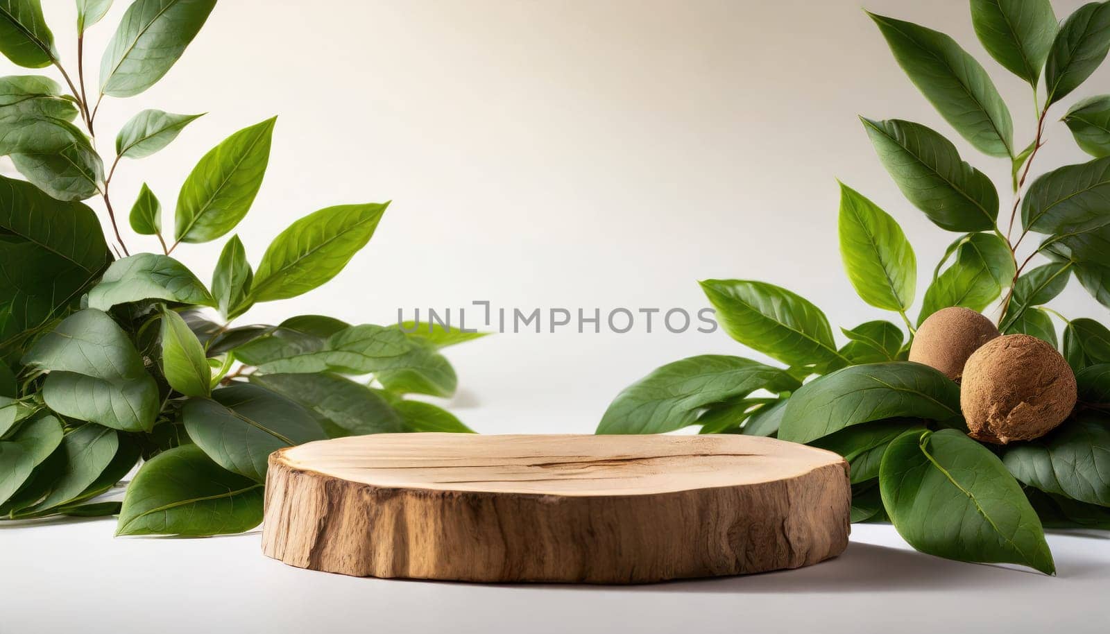 wood podium with green leaves for organic health products placement display mokcup template. 