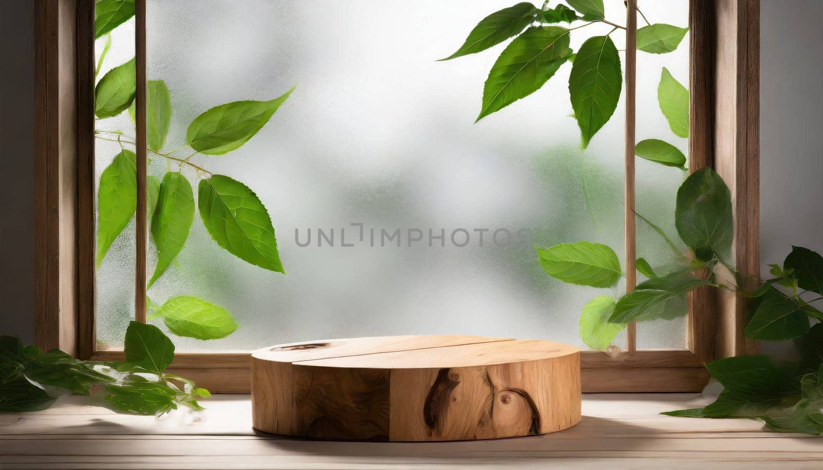 wood podium with green leaves for organic health products placement display mokcup template. 