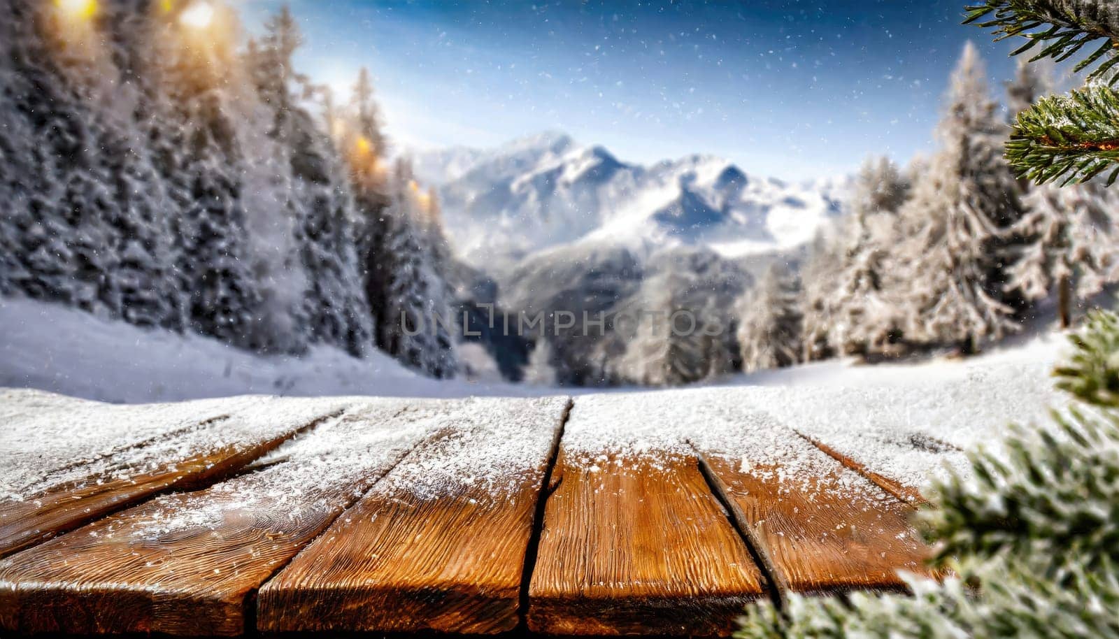 Wooden desk cover of snow and frost with christmas tree branch decoration.