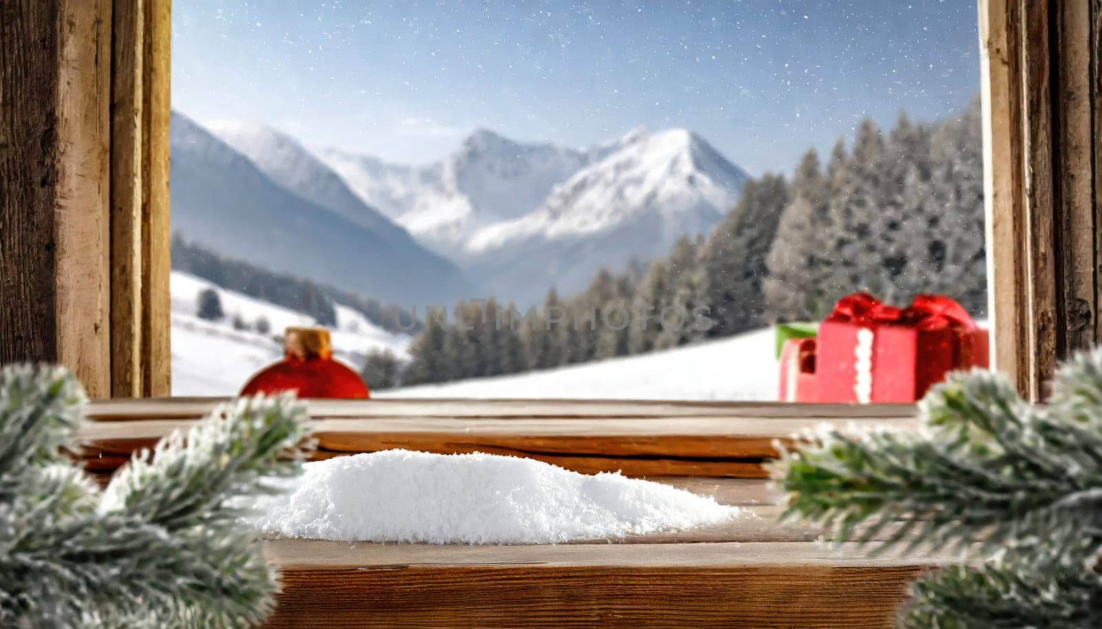 Wooden desk cover of snow and frost with christmas tree branch decoration.