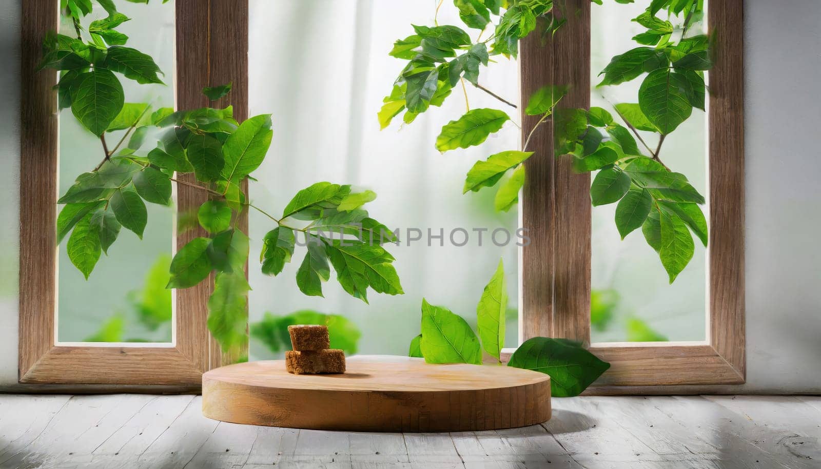 wood podium with green leaves for organic health products placement display mokcup template. 