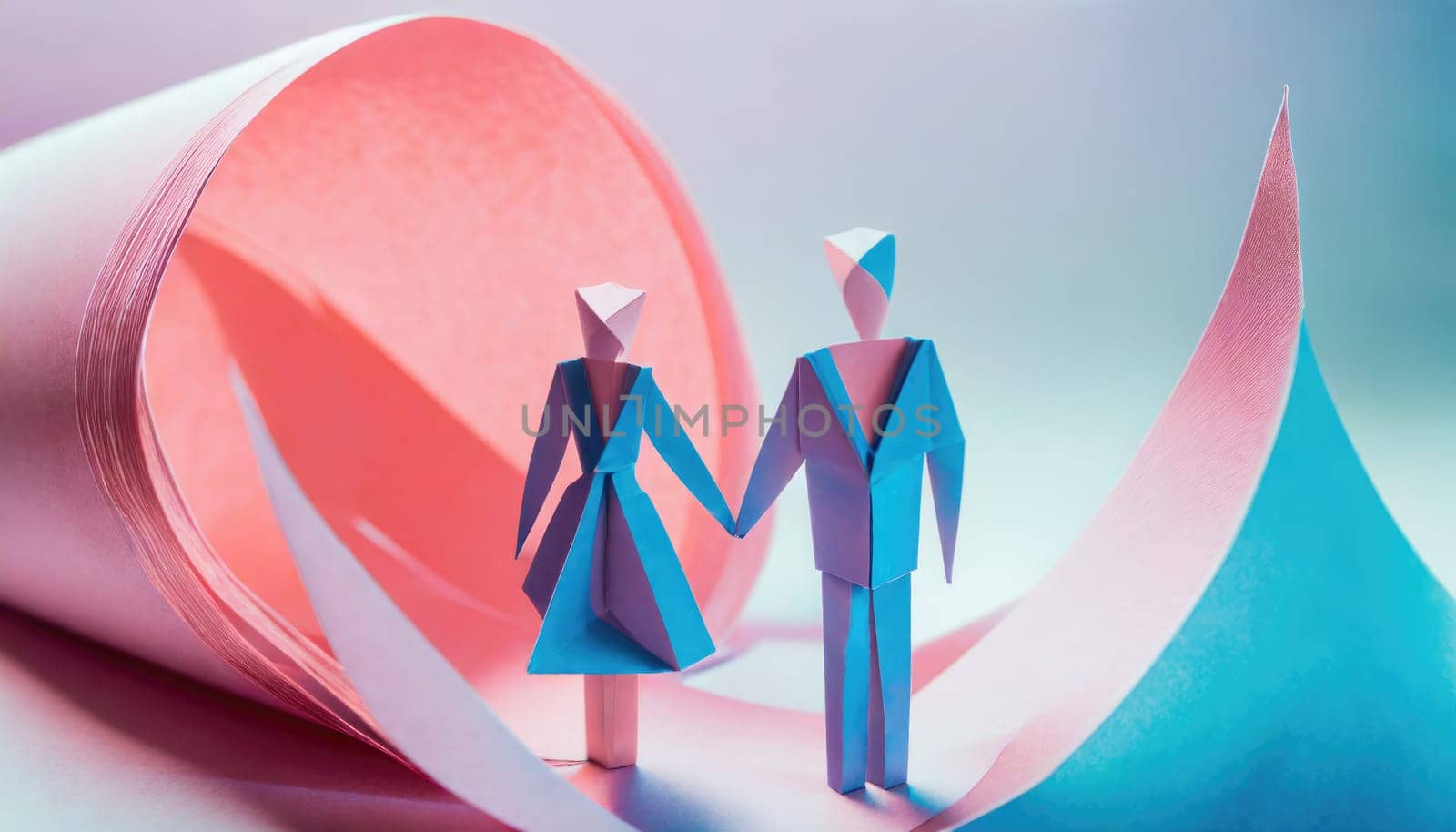  a couple, valentine concept, paper origami cool colors backlighting, paper art.