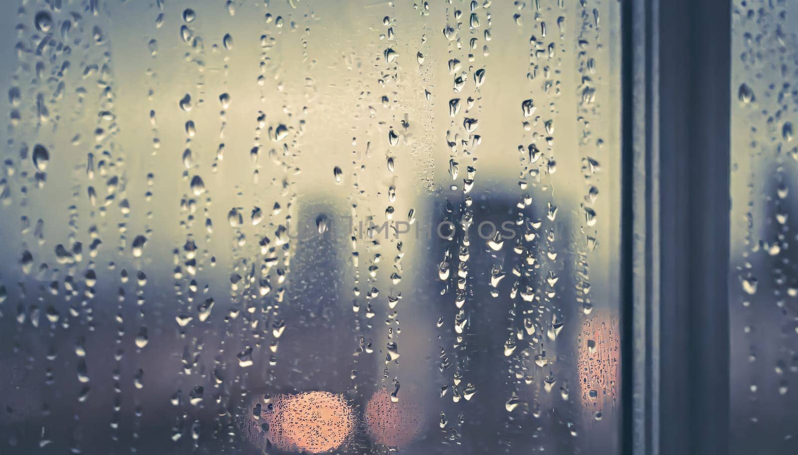 Closeup through window of rainy day with water dripping down glass against blurred