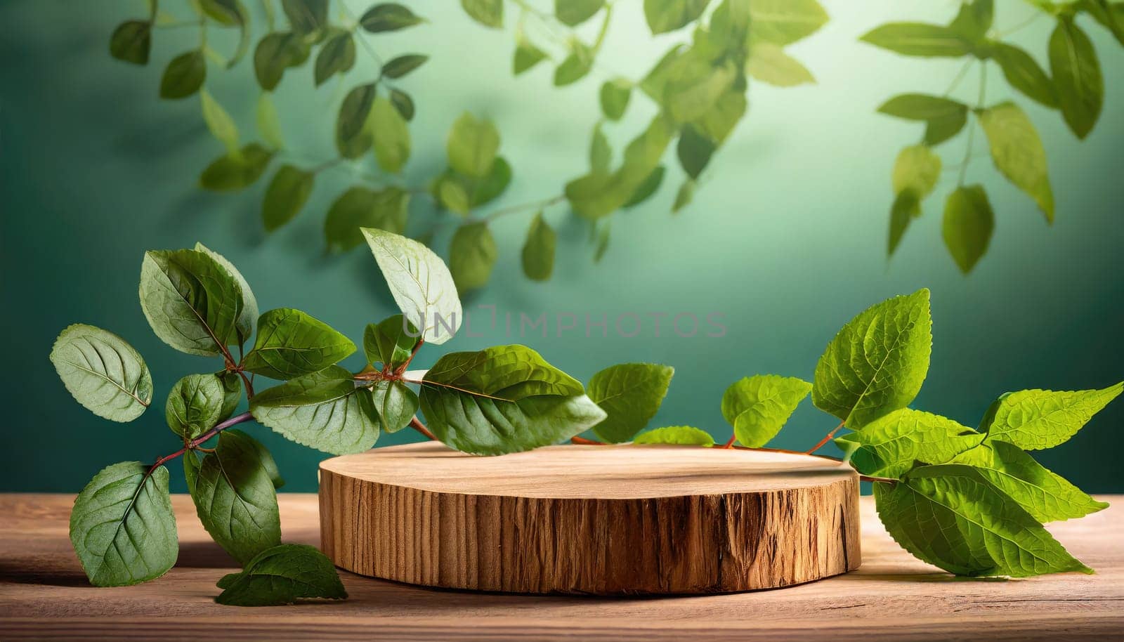 wood podium with green leaves for organic health products placement display mokcup template. 