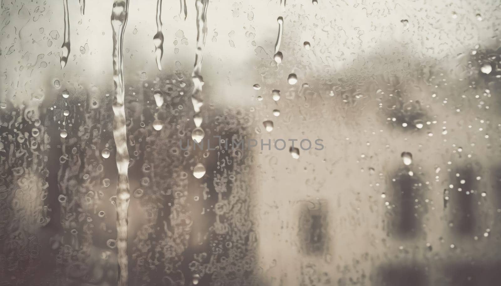 Closeup through window of rainy day with water dripping down glass against blurred