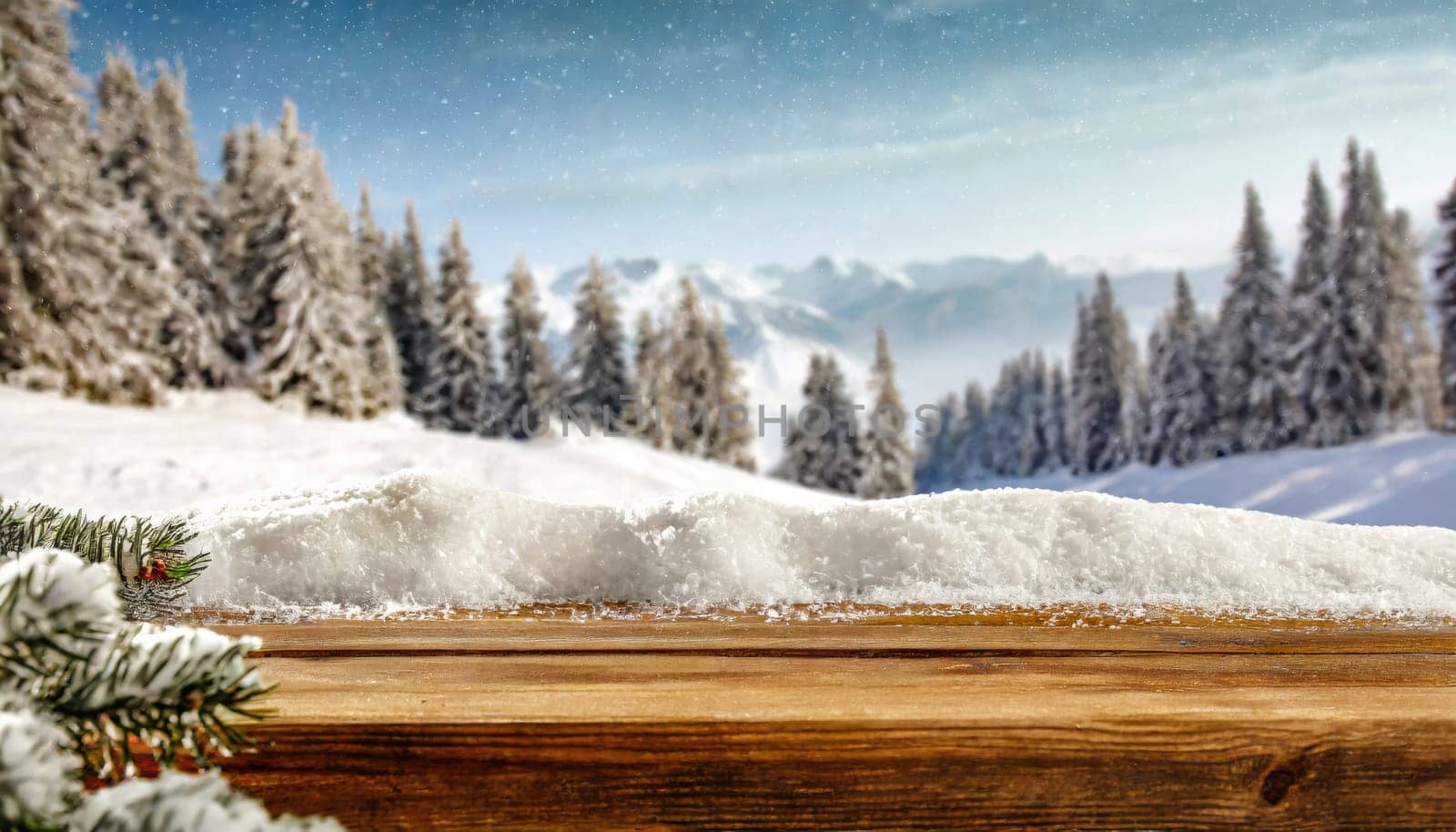 Wooden desk cover of snow and frost with christmas tree branch decoration.