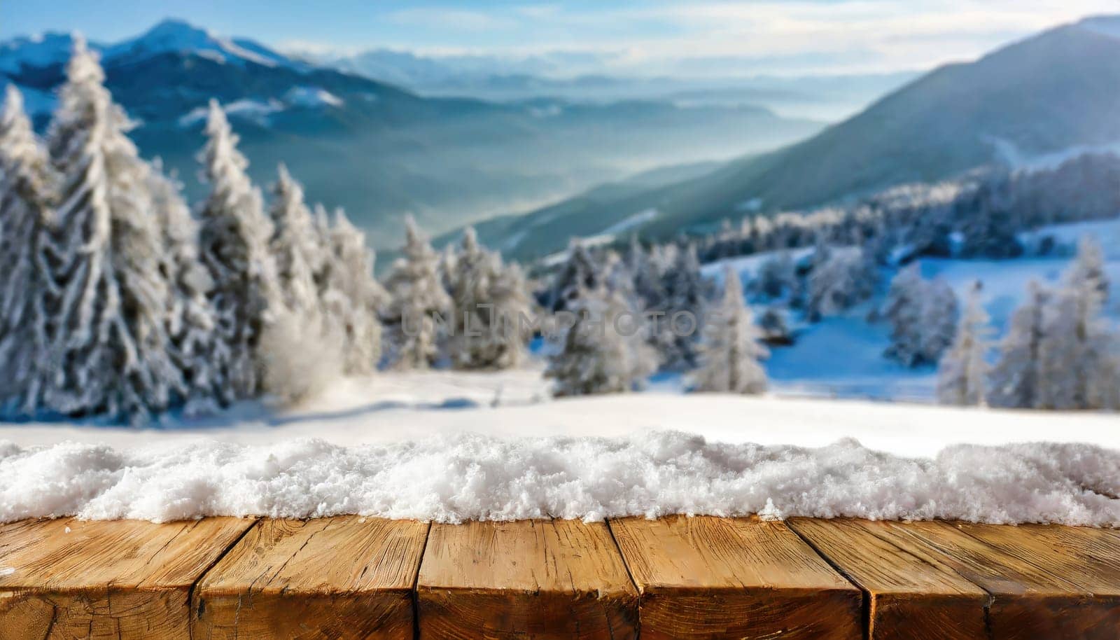 Wooden desk cover of snow and frost with christmas tree branch decoration.