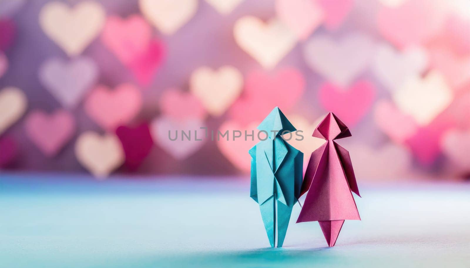  a couple, valentine concept, paper origami cool colors backlighting, paper art.