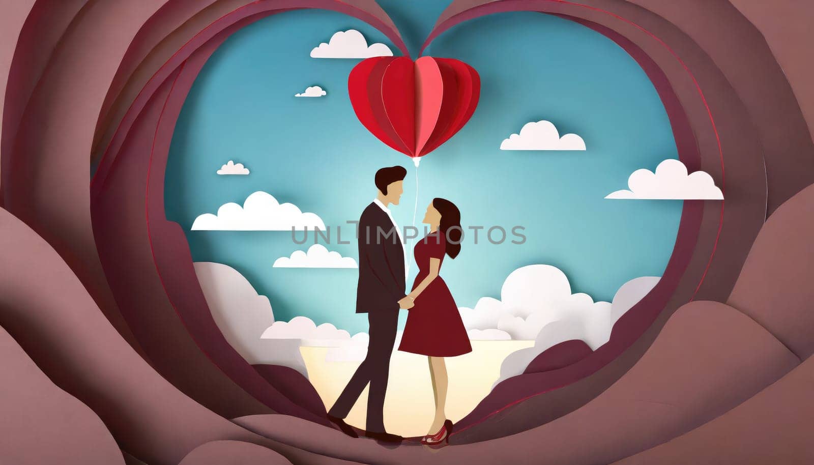 couple with balloon in the sky and cloudy, valentine concept, paper origami cool colors background. by PeaceYAY