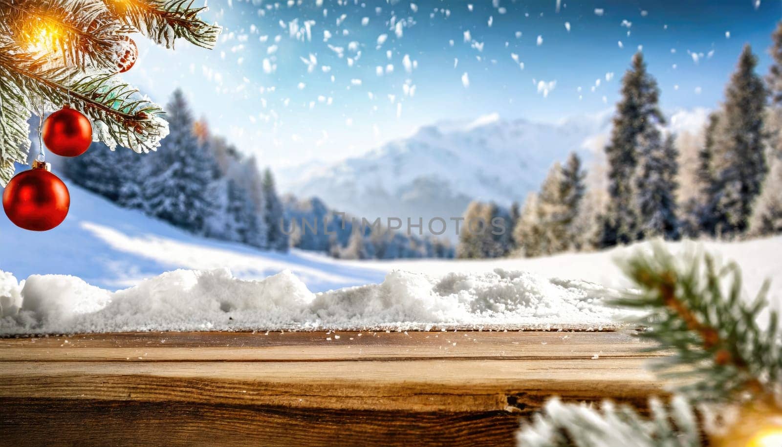 Wooden desk cover of snow and frost with christmas tree branch decoration.