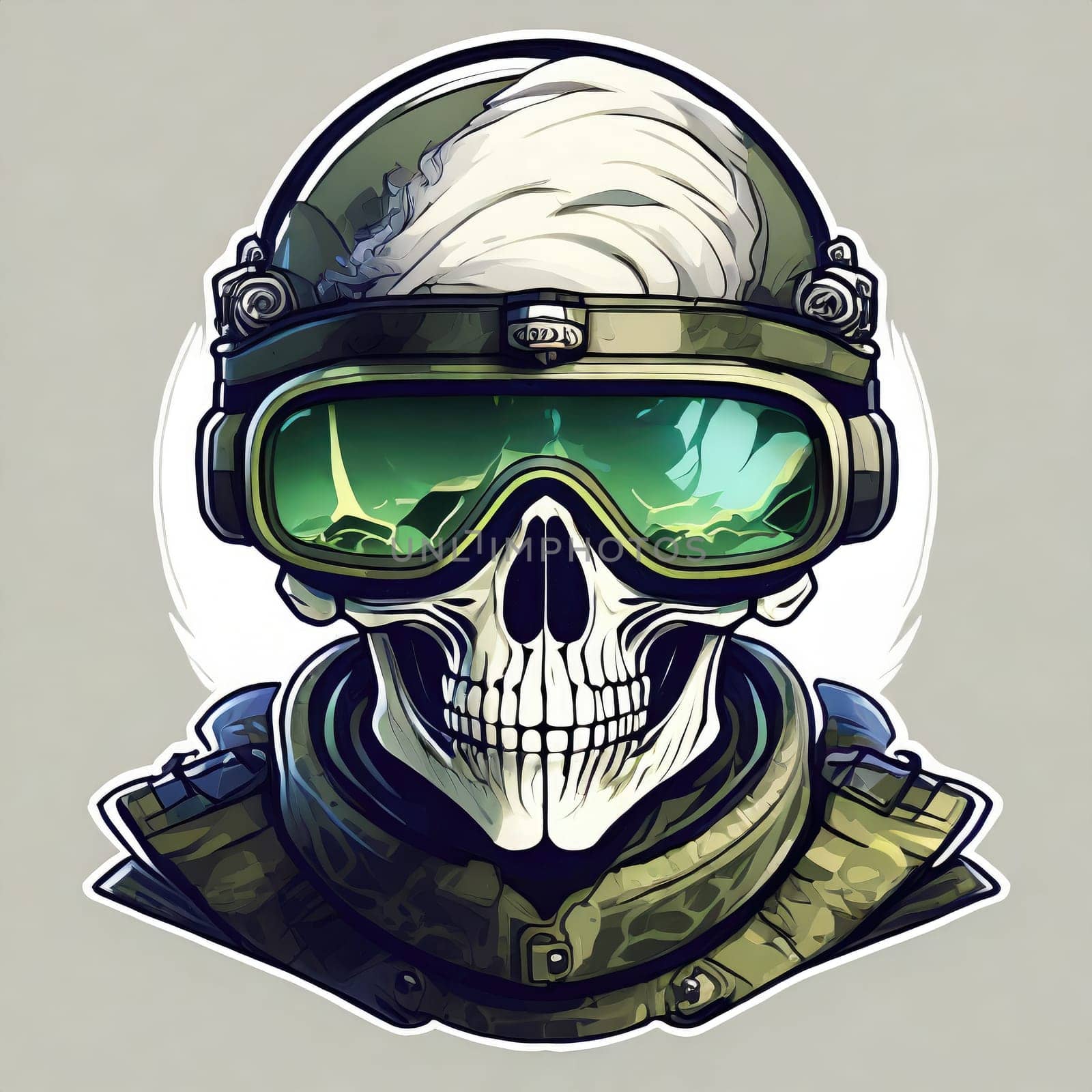 military logo skull night vision goggle, sticker for shirt or product design, on white white background 