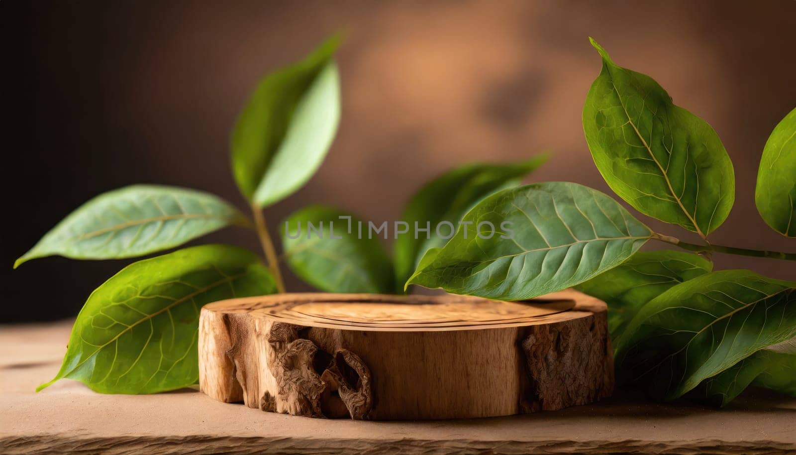 wood podium with green leaves for organic health products placement display mokcup template. 