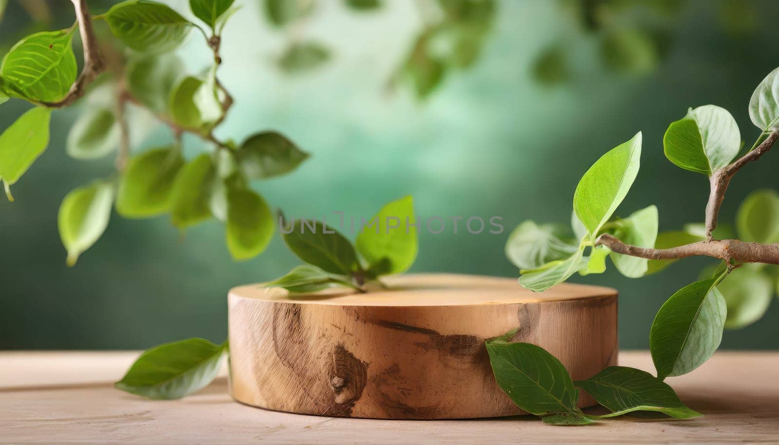 wood podium with green leaves for organic health products placement display mokcup template. 