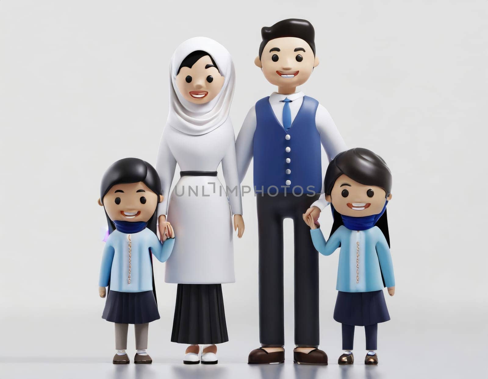 cute 3d character Muslim Family on White background, mother, father, boy and girl sons