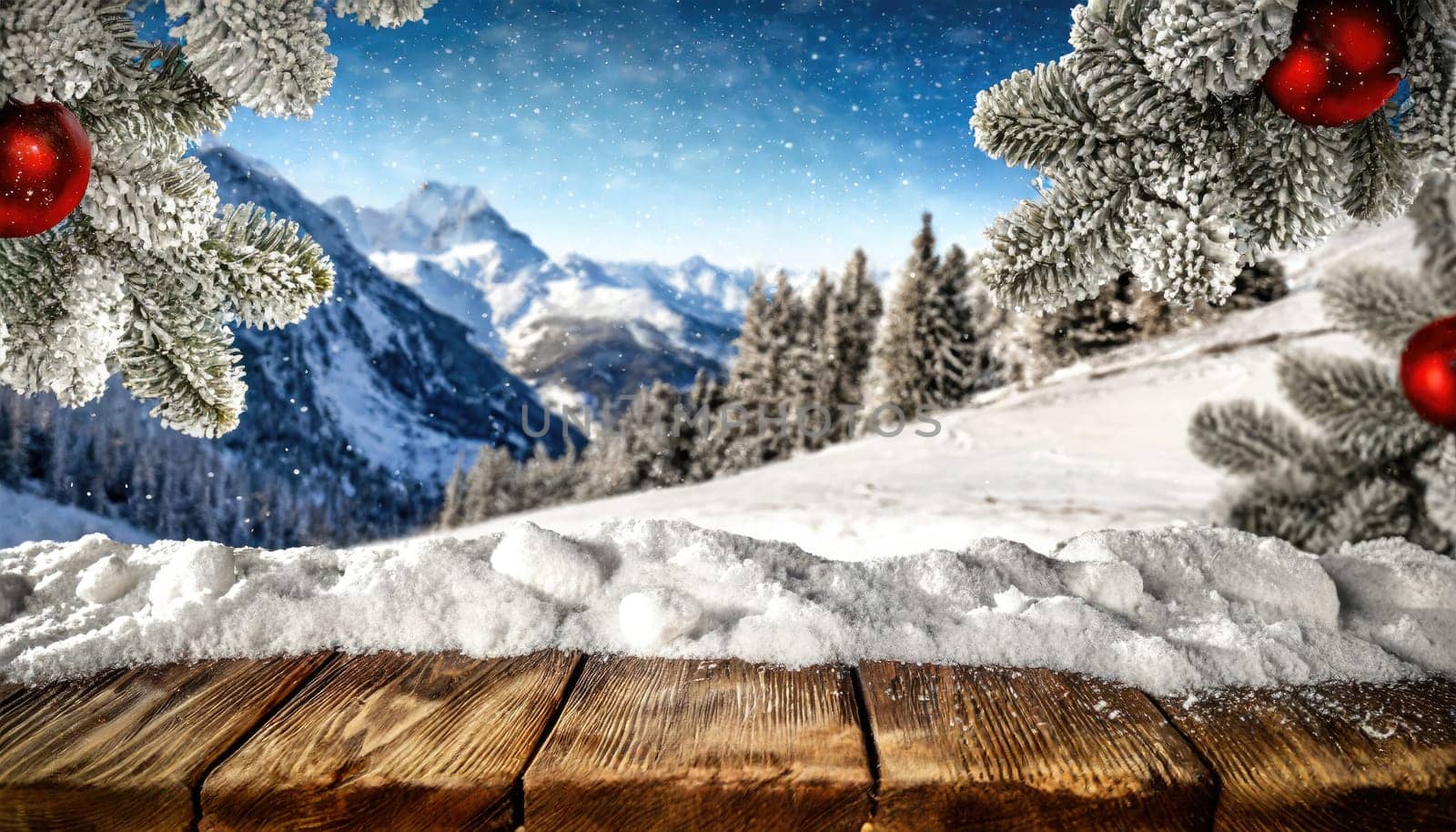 Wooden desk cover of snow and frost with christmas tree branch decoration.