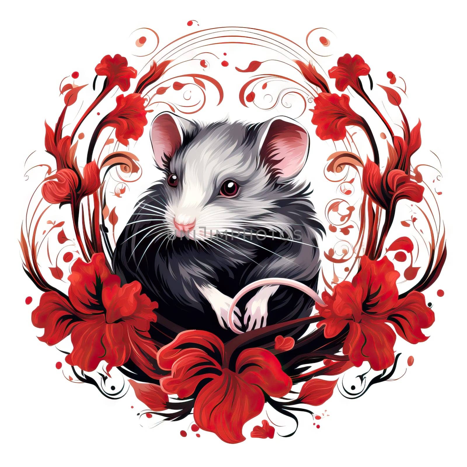 Illustration of a mouse in a decorative art style in a circle with a floral pattern on white background
