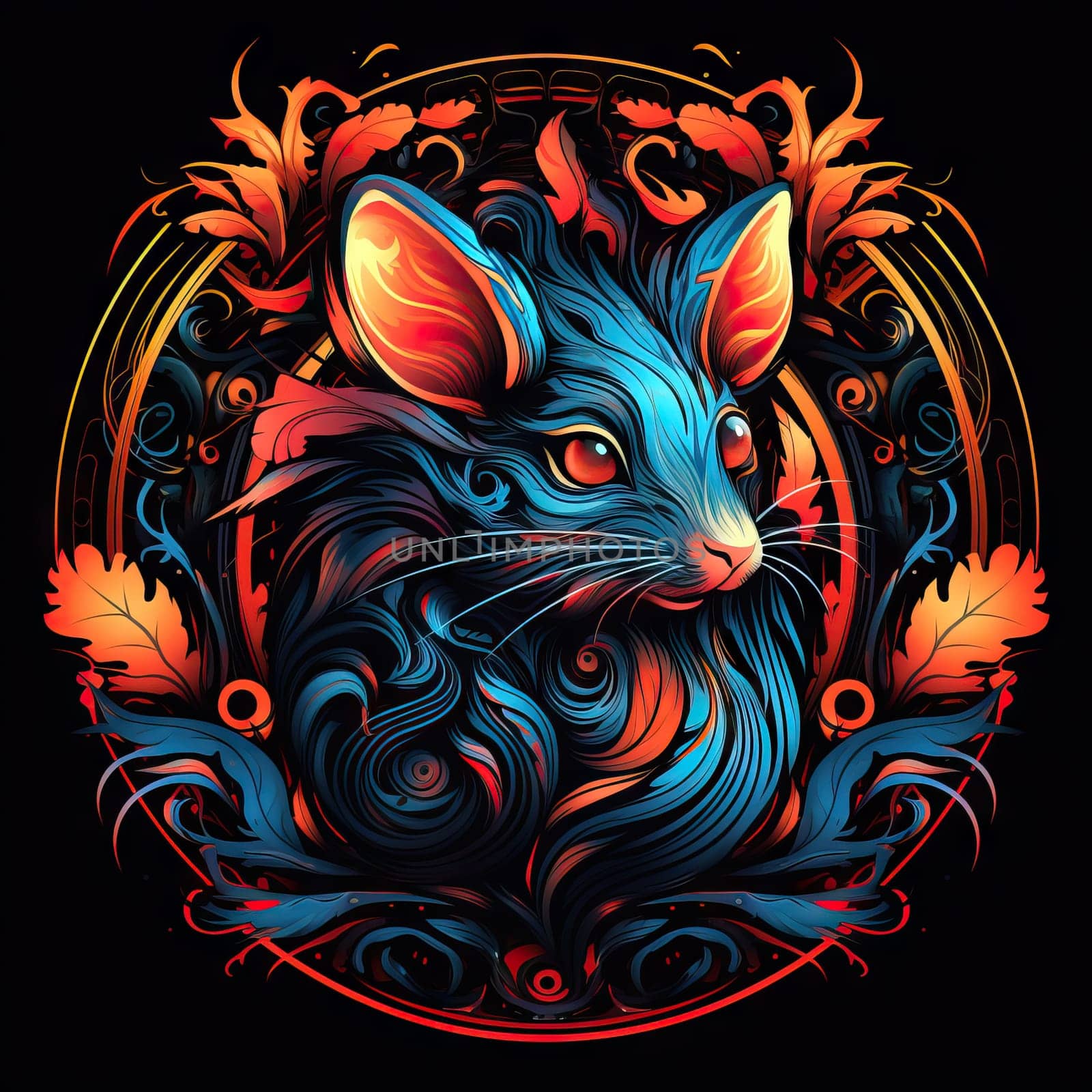 Illustration of a mouse in a decorative art style in a circle with a floral pattern on black background
