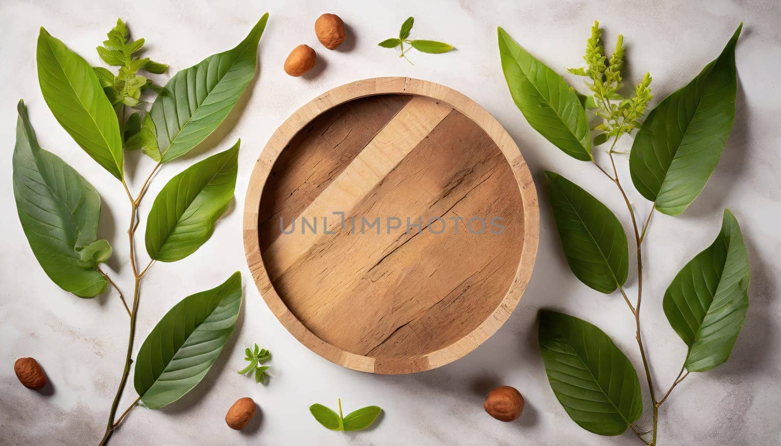 wood podium with green leaves for organic health products placement display mokcup template. 