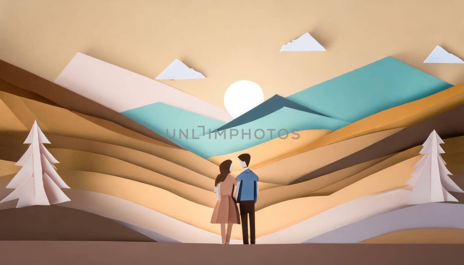  a couple, valentine concept, paper origami cool colors backlighting, paper art.