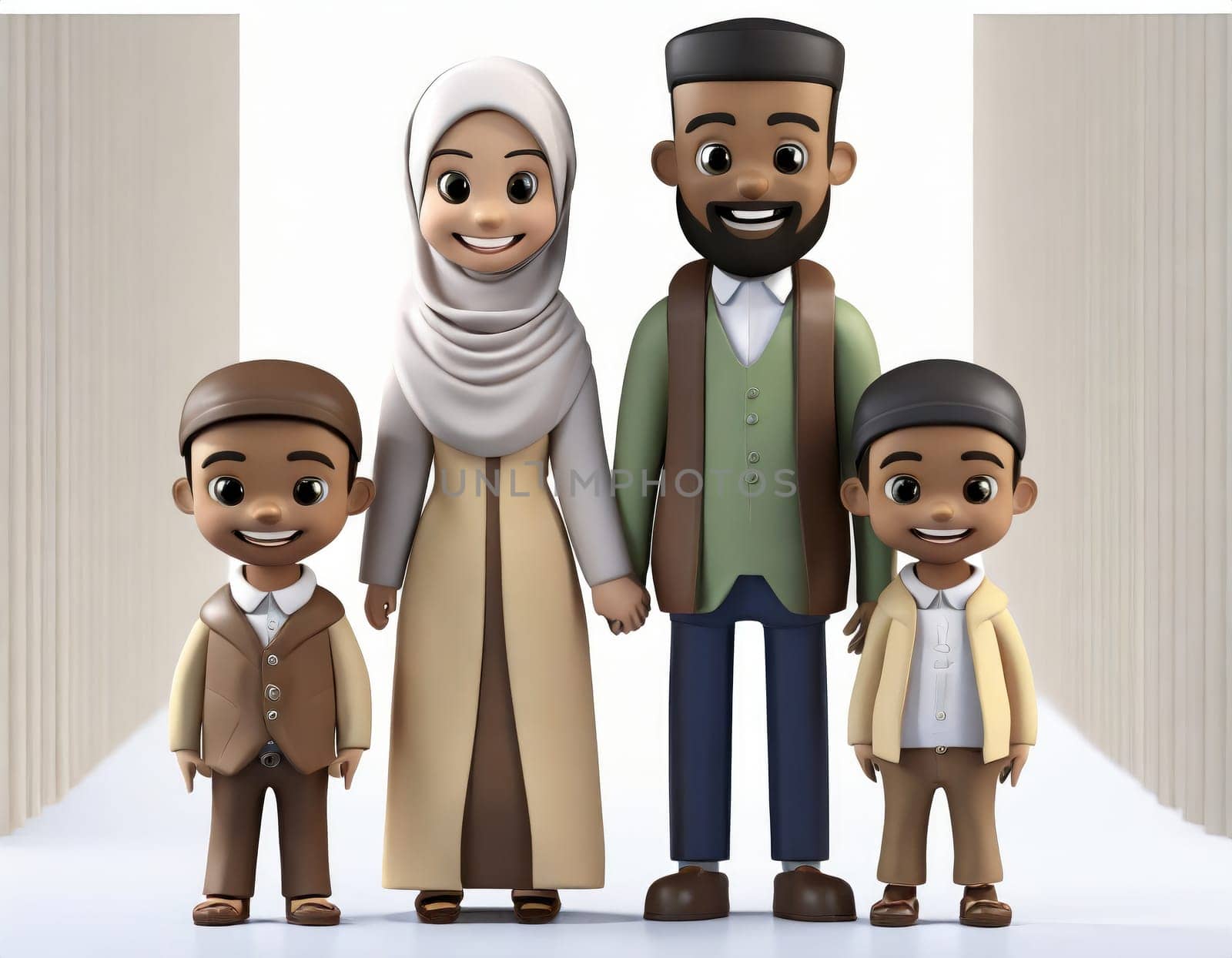 cute 3d character Muslim Family on White background, mother, father, boy and girl sons