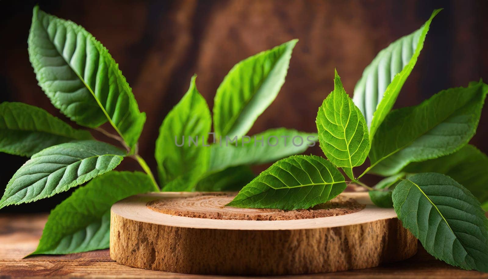 wood podium with green leaves for organic health products placement display mokcup template. 