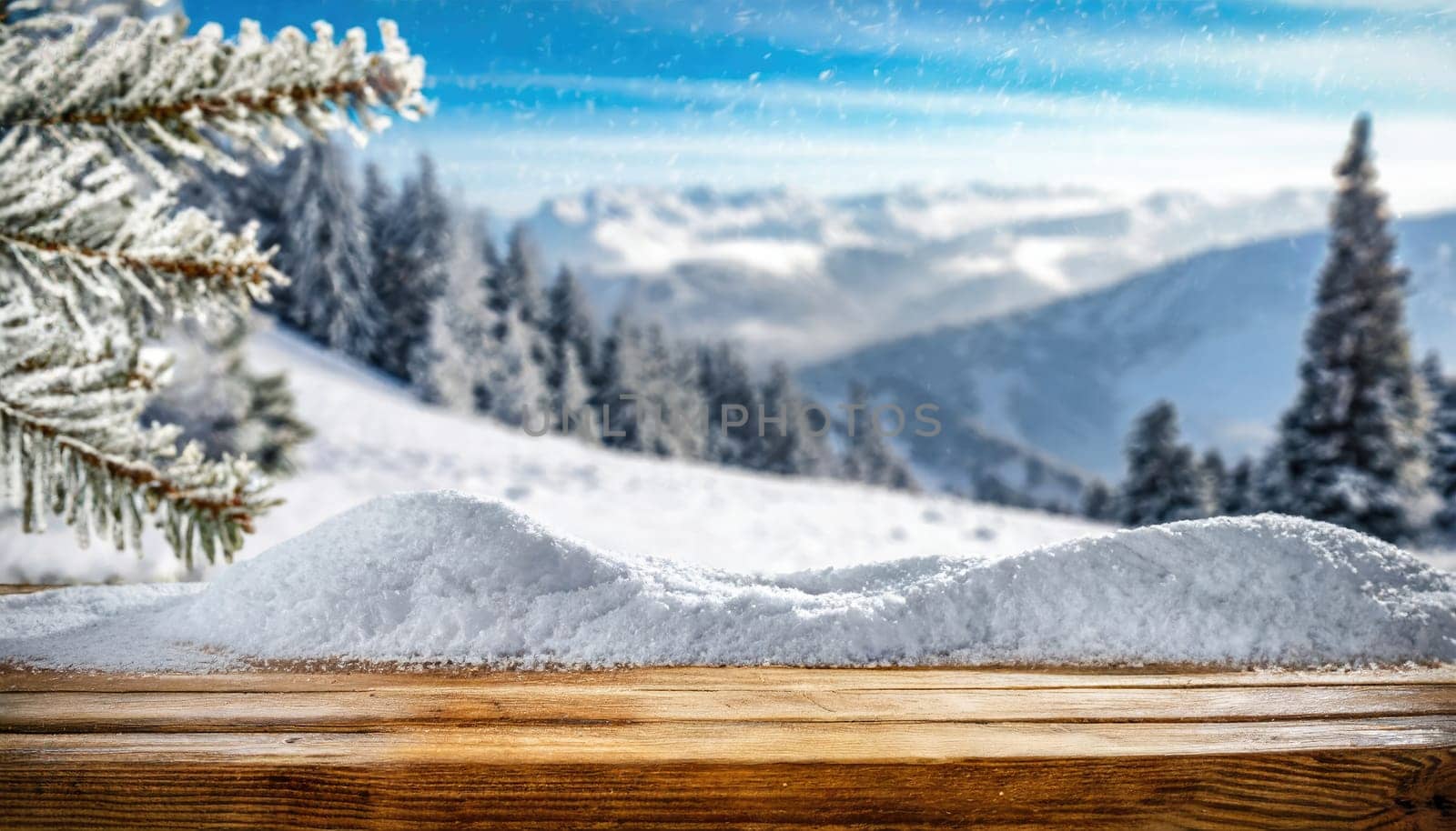 Wooden desk cover of snow and frost with christmas tree branch decoration.