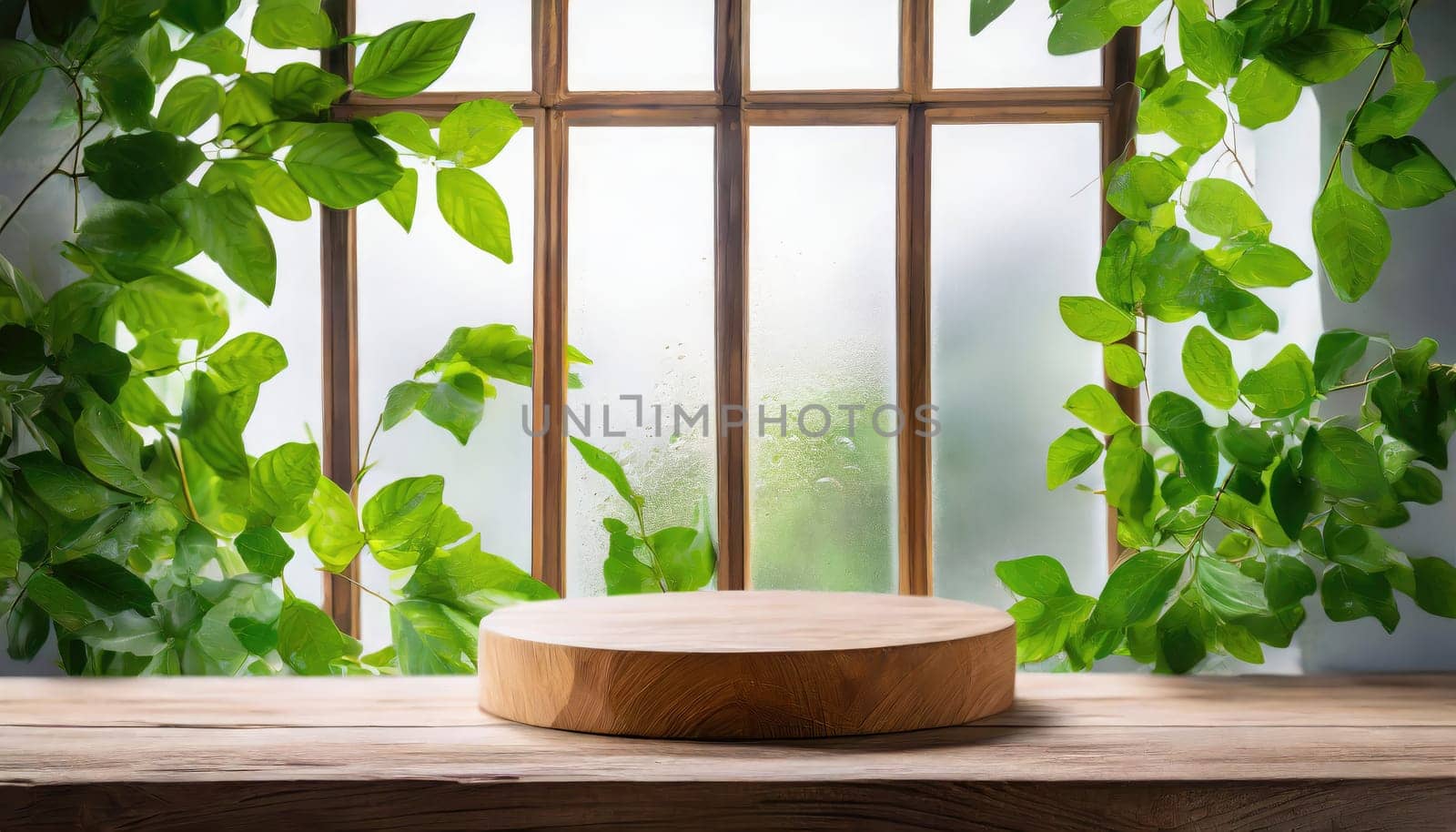 wood podium with green leaves for organic health products placement display mokcup template. 