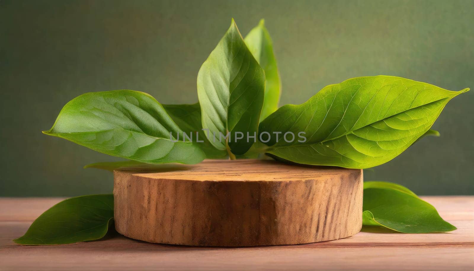 wood podium with green leaves for organic health products placement display mokcup template. 