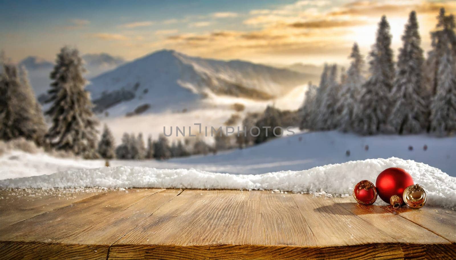 Wooden desk cover of snow and frost with christmas tree branch decoration.