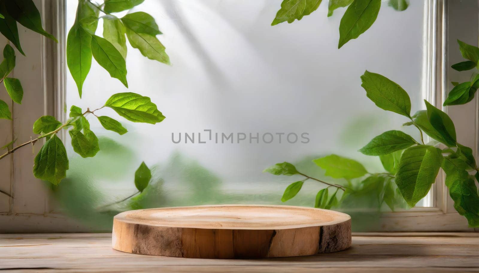 wood podium with green leaves for organic health products placement display mokcup template. 