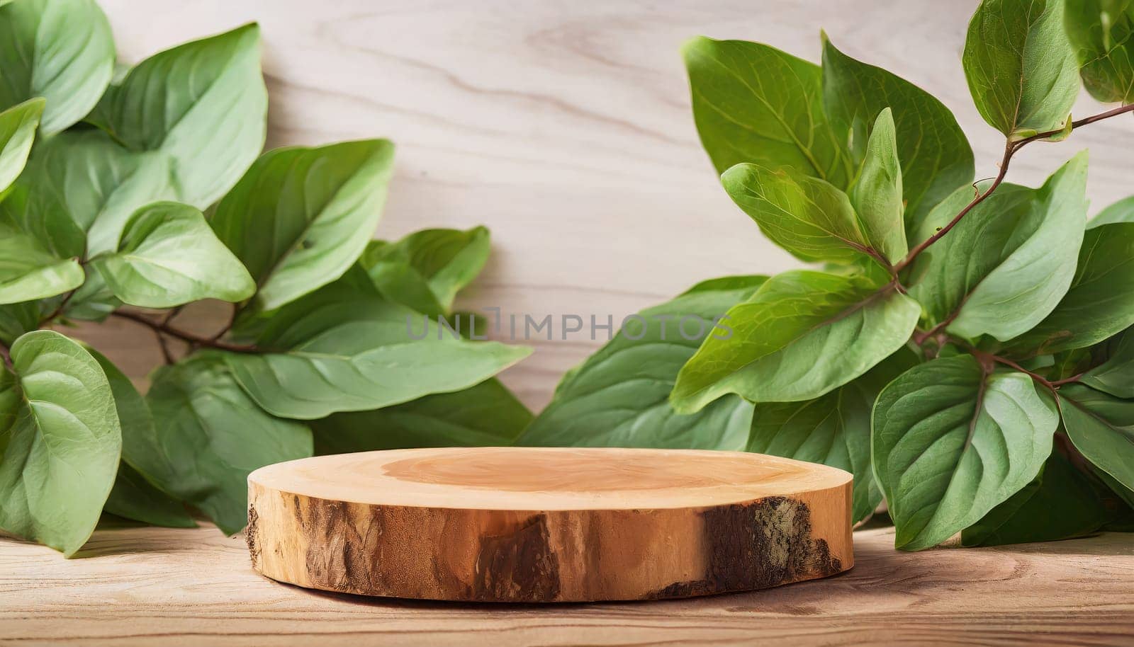 wood podium with green leaves for organic health products placement display mokcup template. 