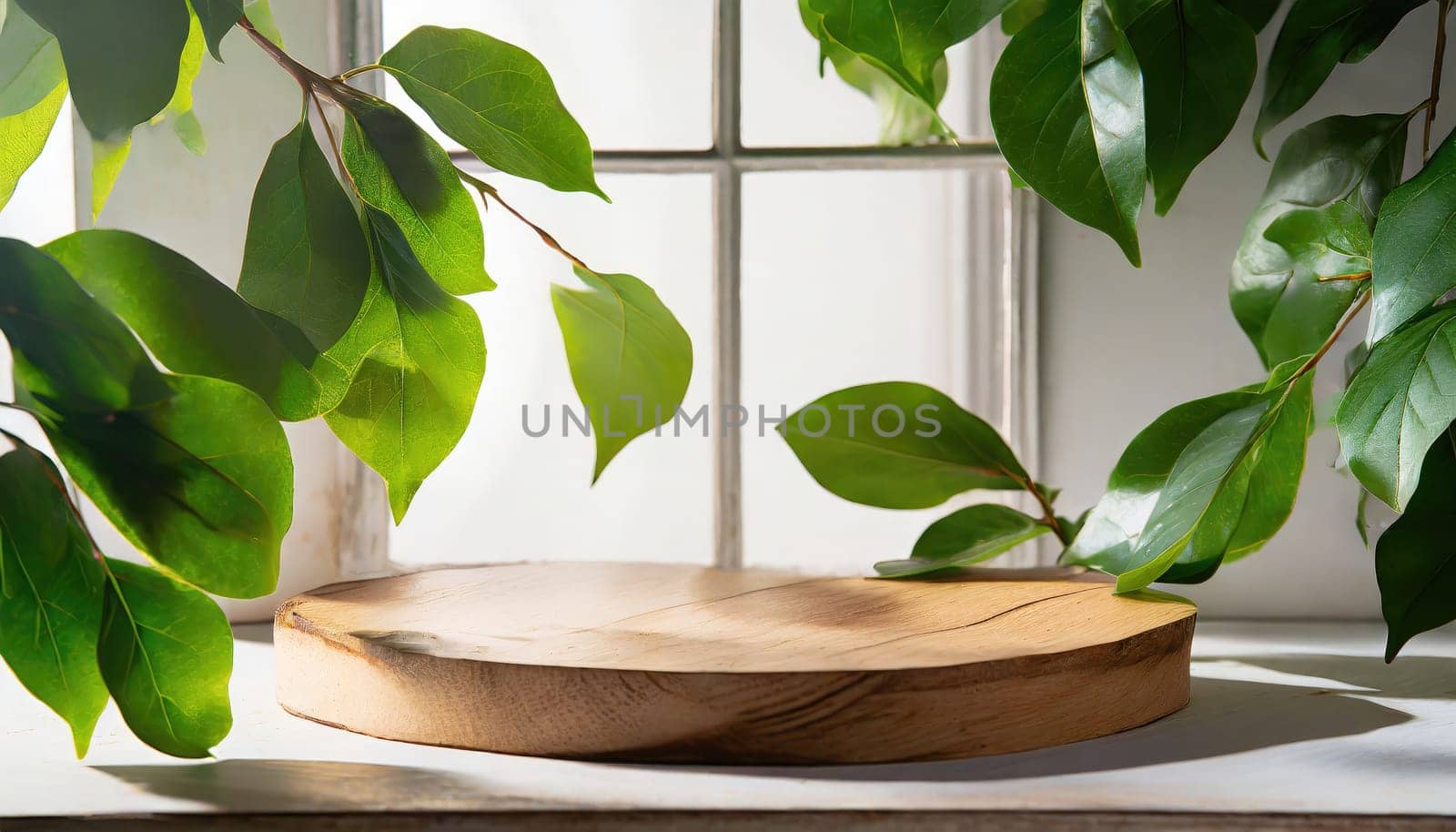 wood podium with green leaves for organic health products placement display mokcup template. 