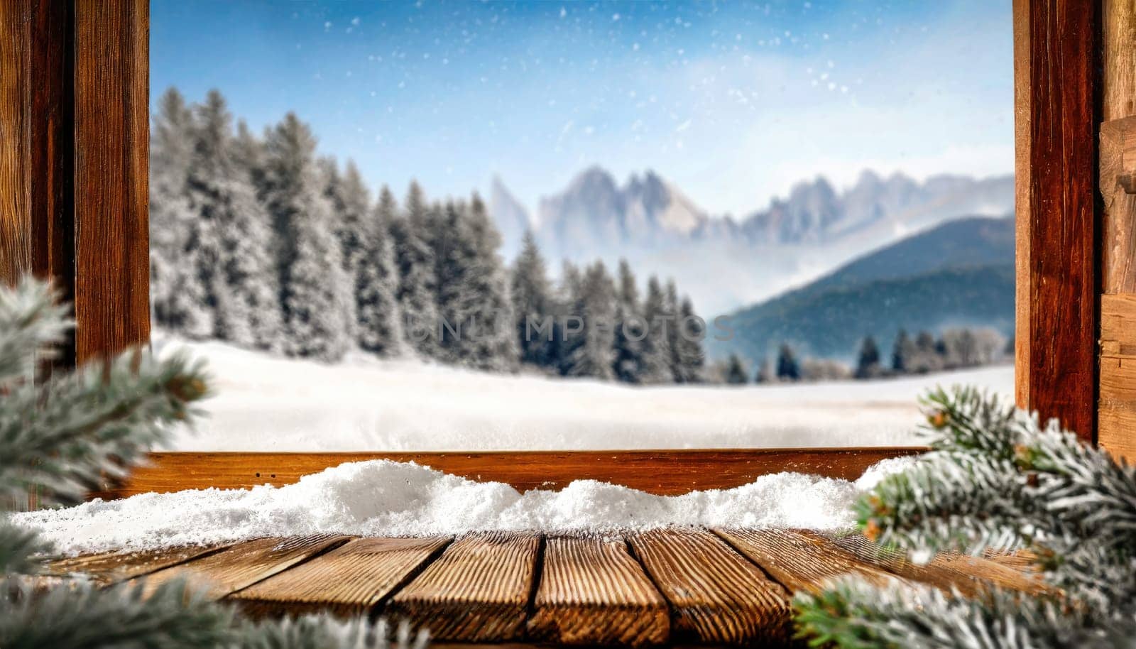 Wooden desk cover of snow and frost with christmas tree branch decoration.