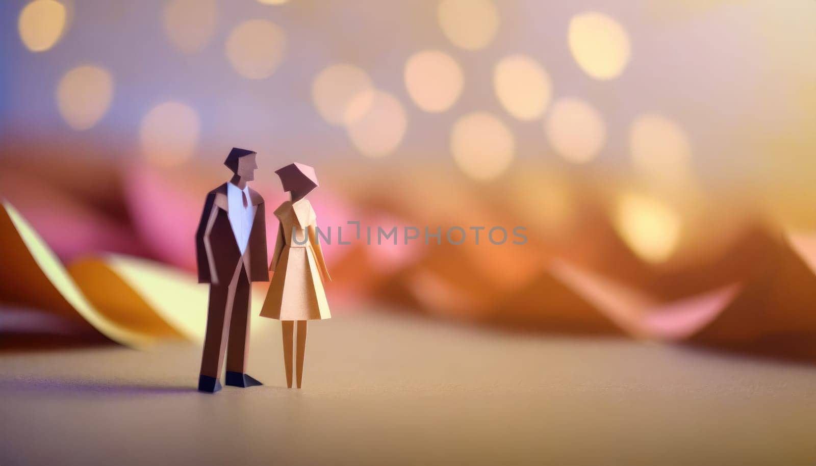  a couple, valentine concept, paper origami cool colors backlighting, paper art.