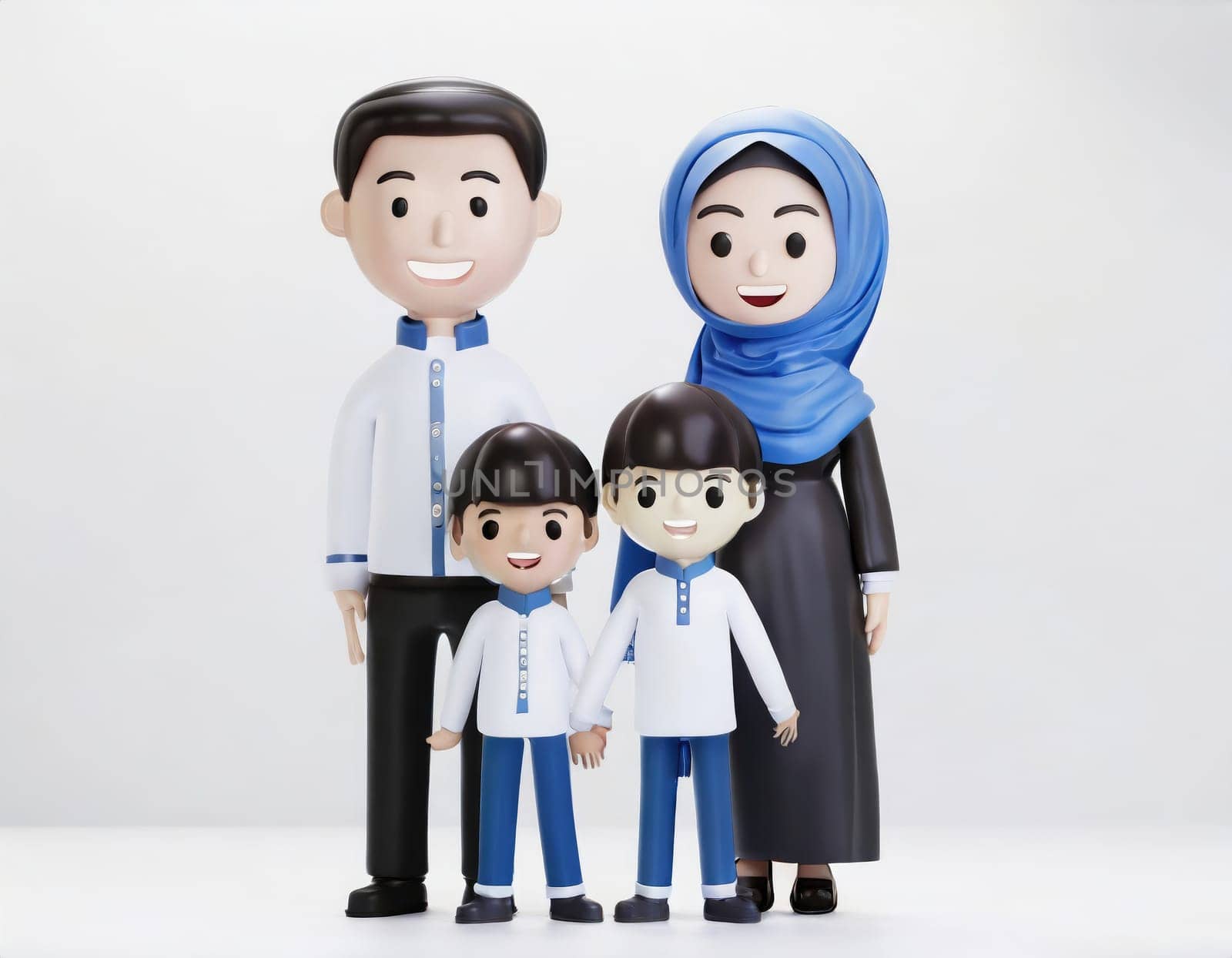 cute 3d character Muslim Family on White background, mother, father, boy and girl sons